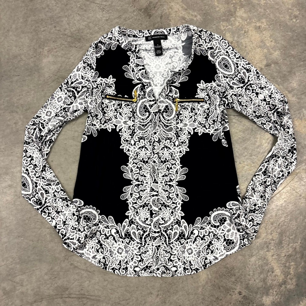 INC International Concepts Womens Black White Lace Print Zipper V-Neck Blouse S